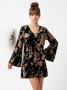 Velvet Black Cherry Blossom Bell Sleeve Mini Dress/Tunic Sm